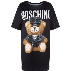 Moschino NWT Black T-Shirt with Teddy Bear in Leather Jacket Dress Size 6